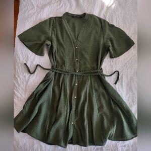 Zara Olive Green Dress with Gold Buttons | Size M